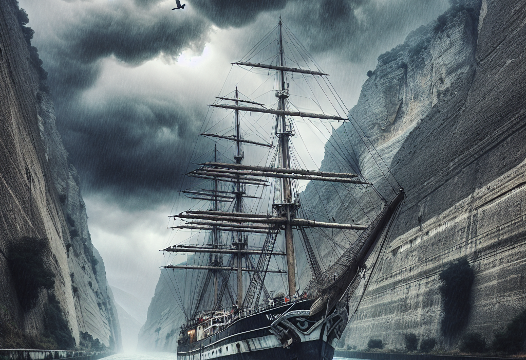 Imagini spectaculoase cu nava scoala „Mircea traversand canalul Corint in furtuna
