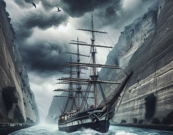 Imagini spectaculoase cu nava scoala „Mircea traversand canalul Corint in furtuna