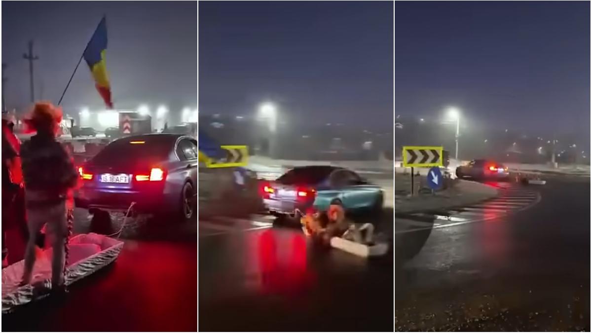 Politia investigheaza o provocare pe TikTok sofer invarte masina legata de un sicriu cu doi tineri