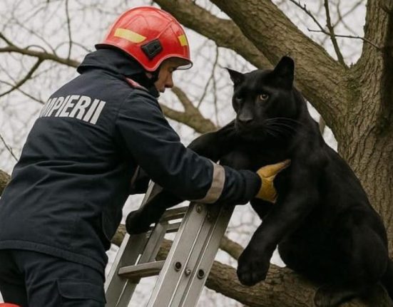 Pompierii salveaza pantera neagra din copac