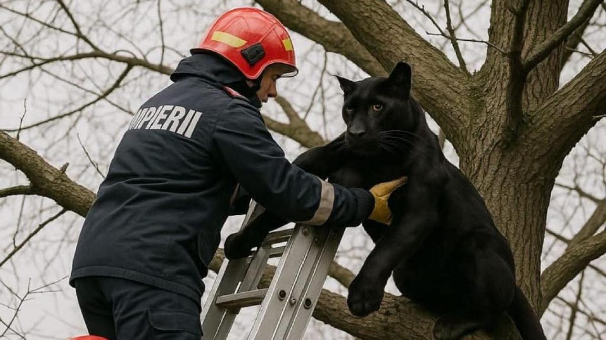 Pompierii salveaza pantera neagra din copac