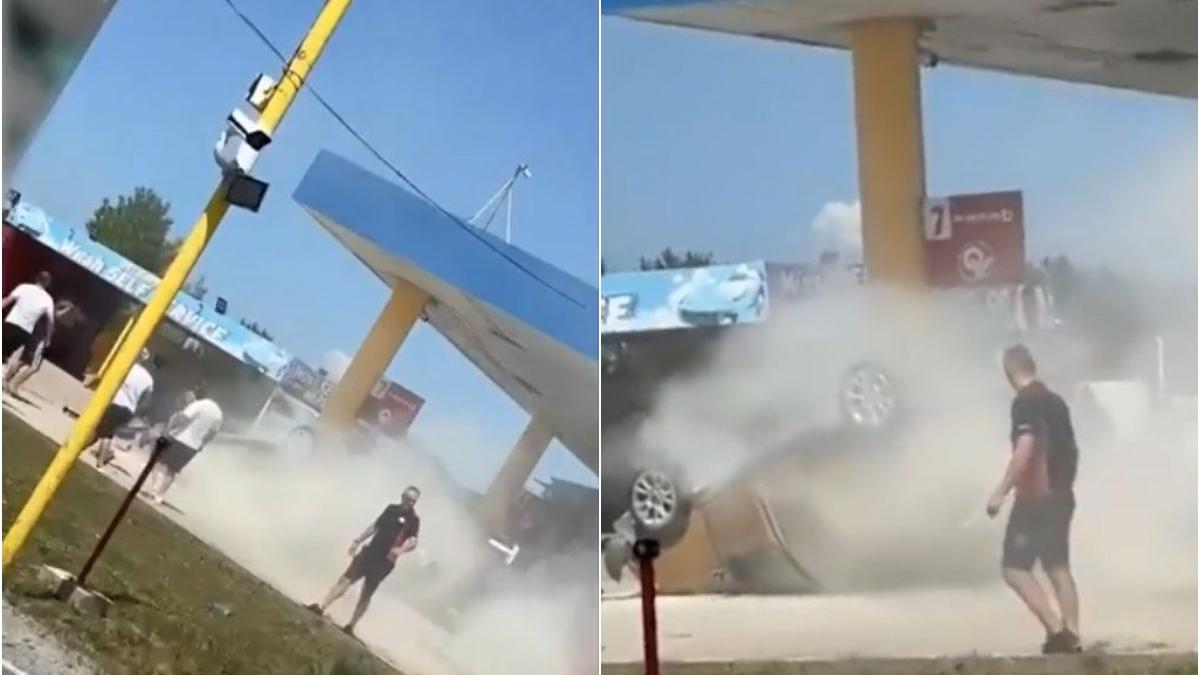Barbat a aterizat cu masina peste benzinarie a luat foc